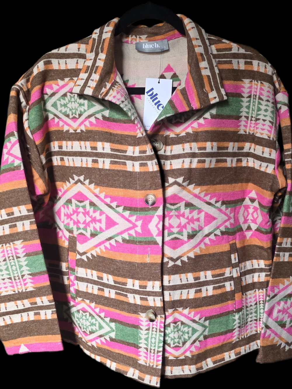 Aztec Print Button-Up Jacket in Brown, Pink & Green Size Small